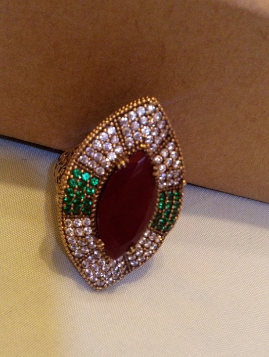 None Jewelry - Gold-Tone Red Marquise Statement Ring with Green and Clear Accent Stones